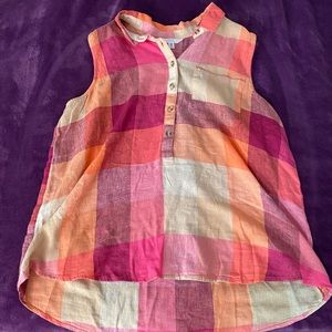 Size 20, Time and Tru brand, patchwork design in sunset tones, collar neckline.